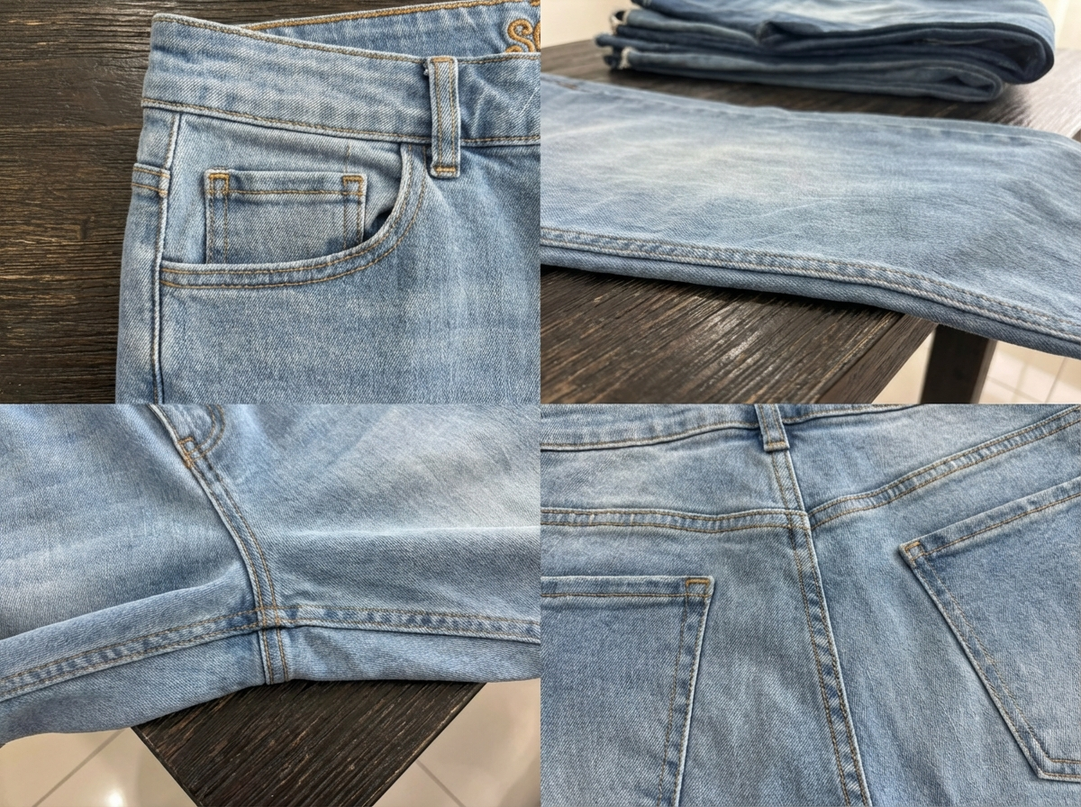 Collage of SOH's blue jeans shown from different angles on a wooden surface.
